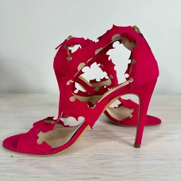 Rupert Sanderson Floria Pink Fuchsia Suede Cutout Peep Toe Heeled Sandals - Picture 3 of 16